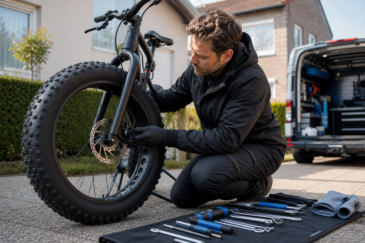Monteur die een fatbikeband en rem herstelt aan huis